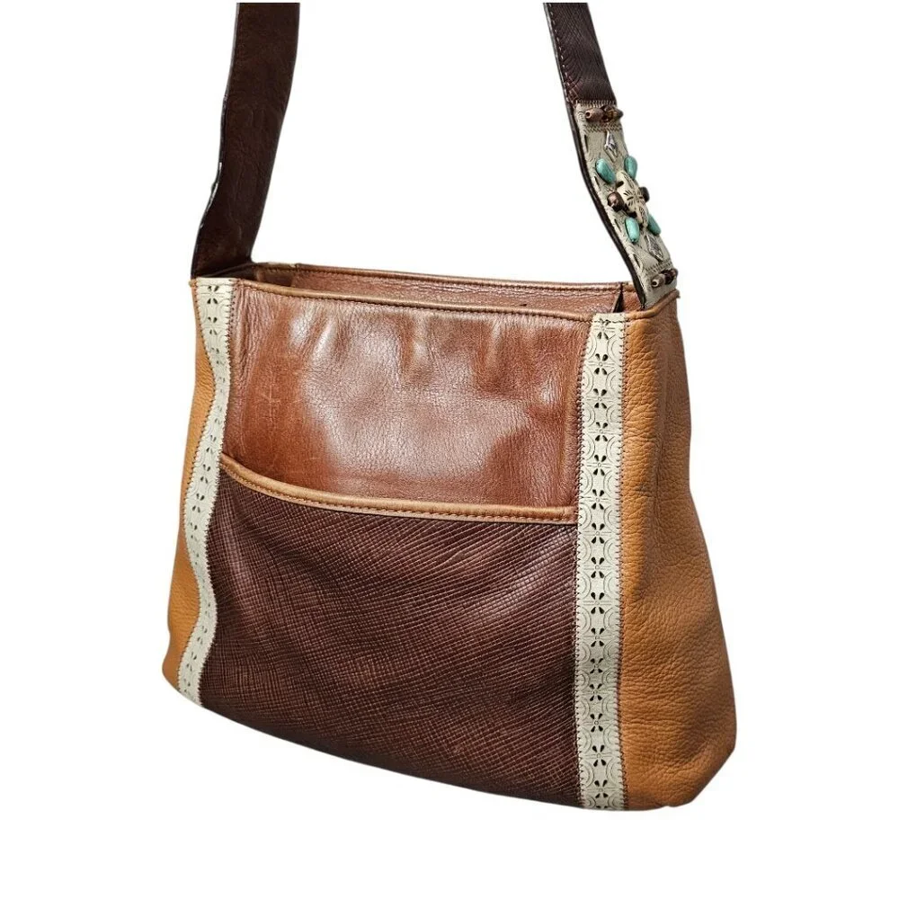 BRIGHTON SAHARA Two Tone Leather Hobo Turquoise Beaded Brown Shoulder Bag